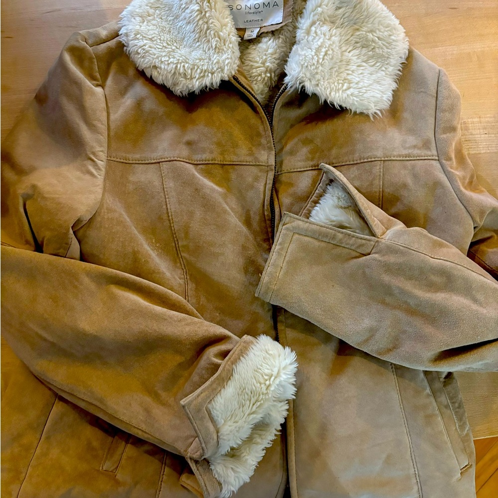 Tan suede bomber jacket with faux fur collar, cuffs and lining